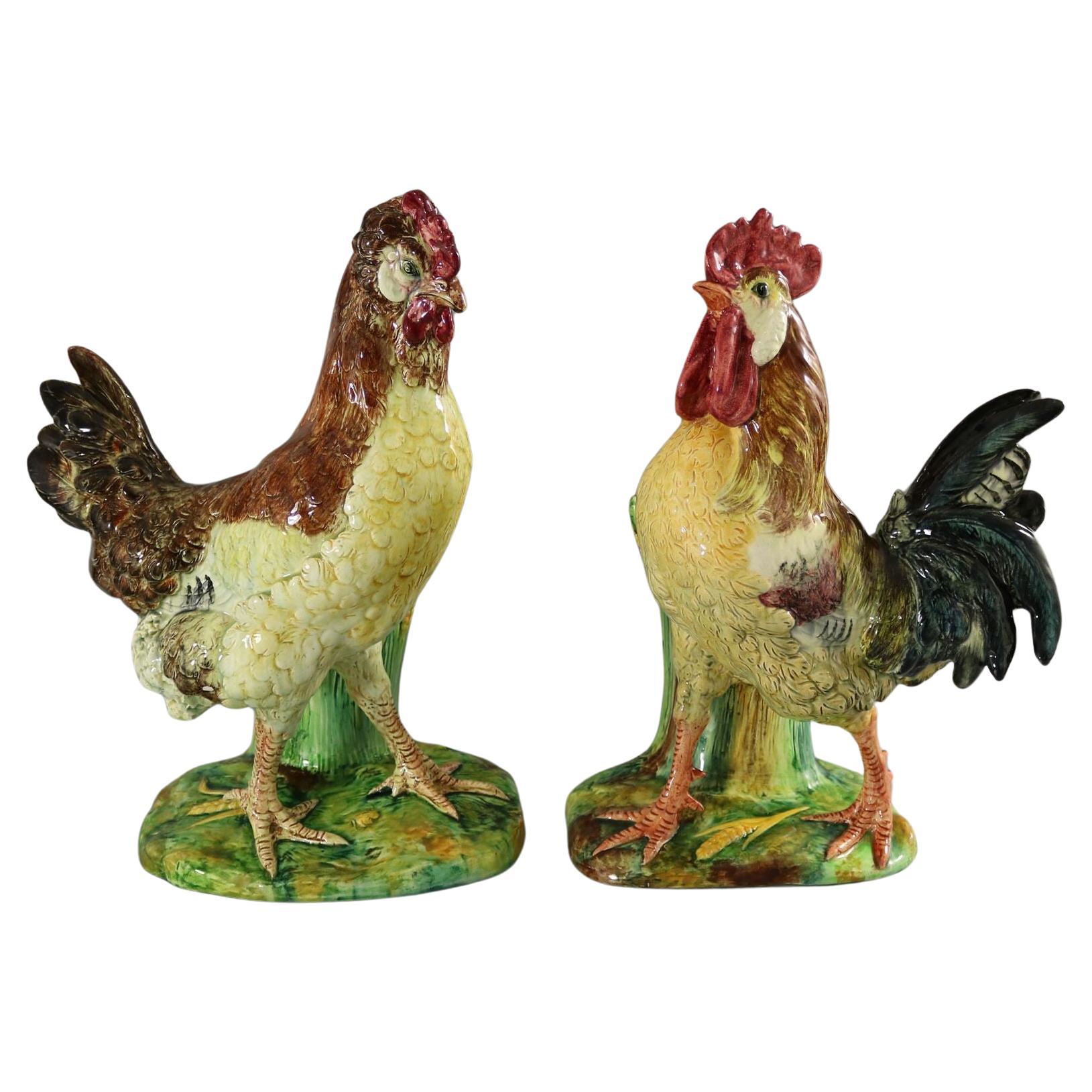 Pair Jerome Massier Hen & Cockerel Figural Vases by P. Perret