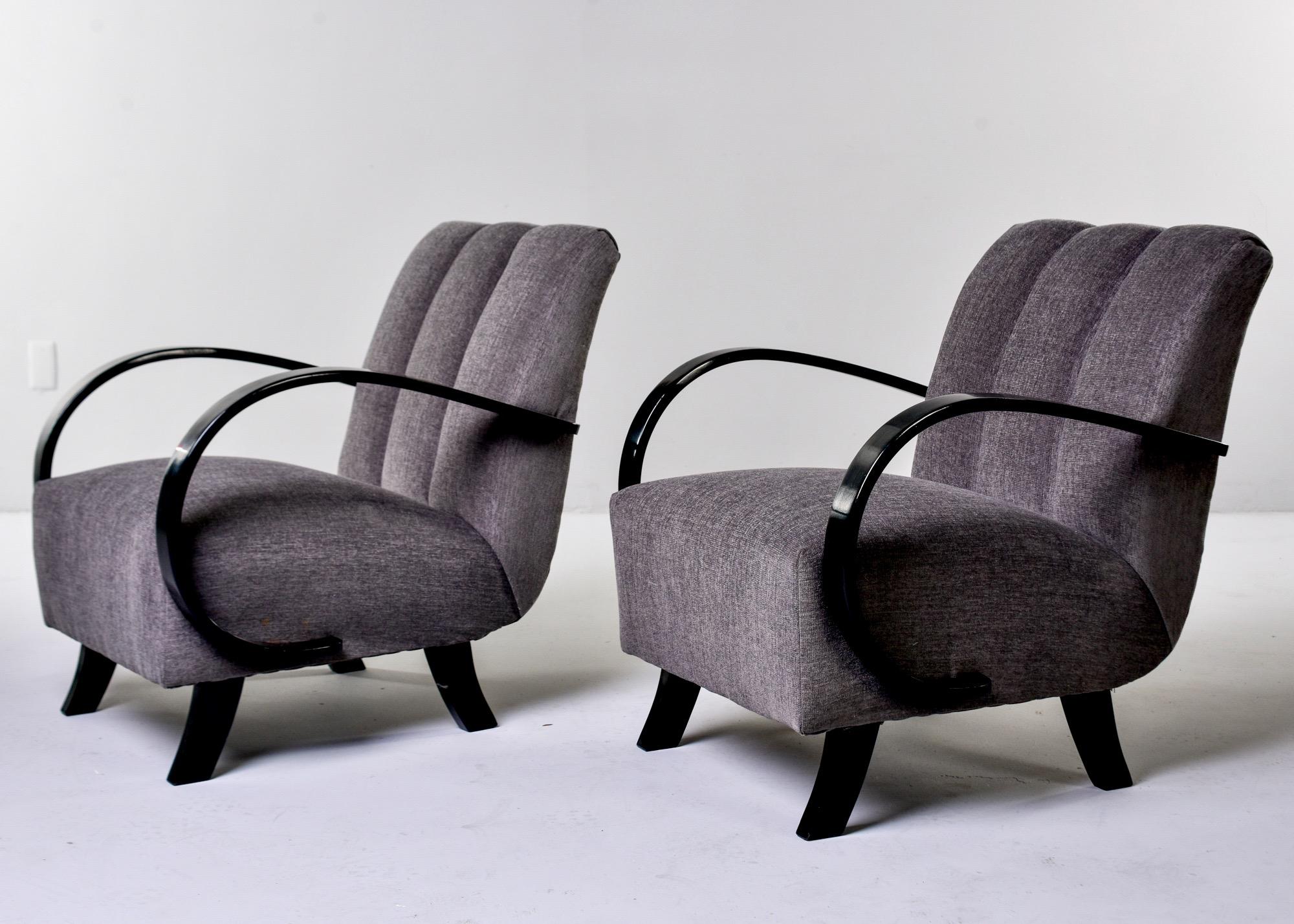 Czech Pair of Jindrich Halabala Chairs with Ebonized Frames and New Upholstery