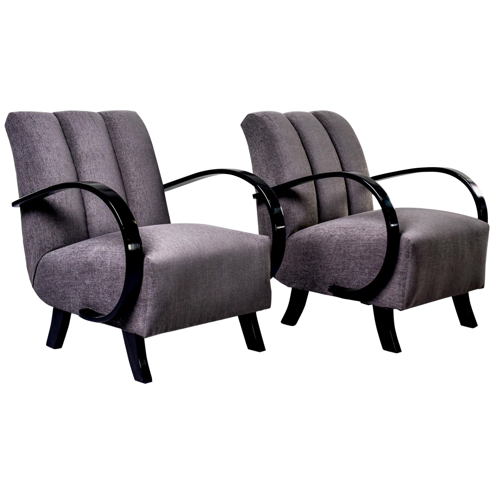 Pair of Jindrich Halabala Chairs with Ebonized Frames and New Upholstery