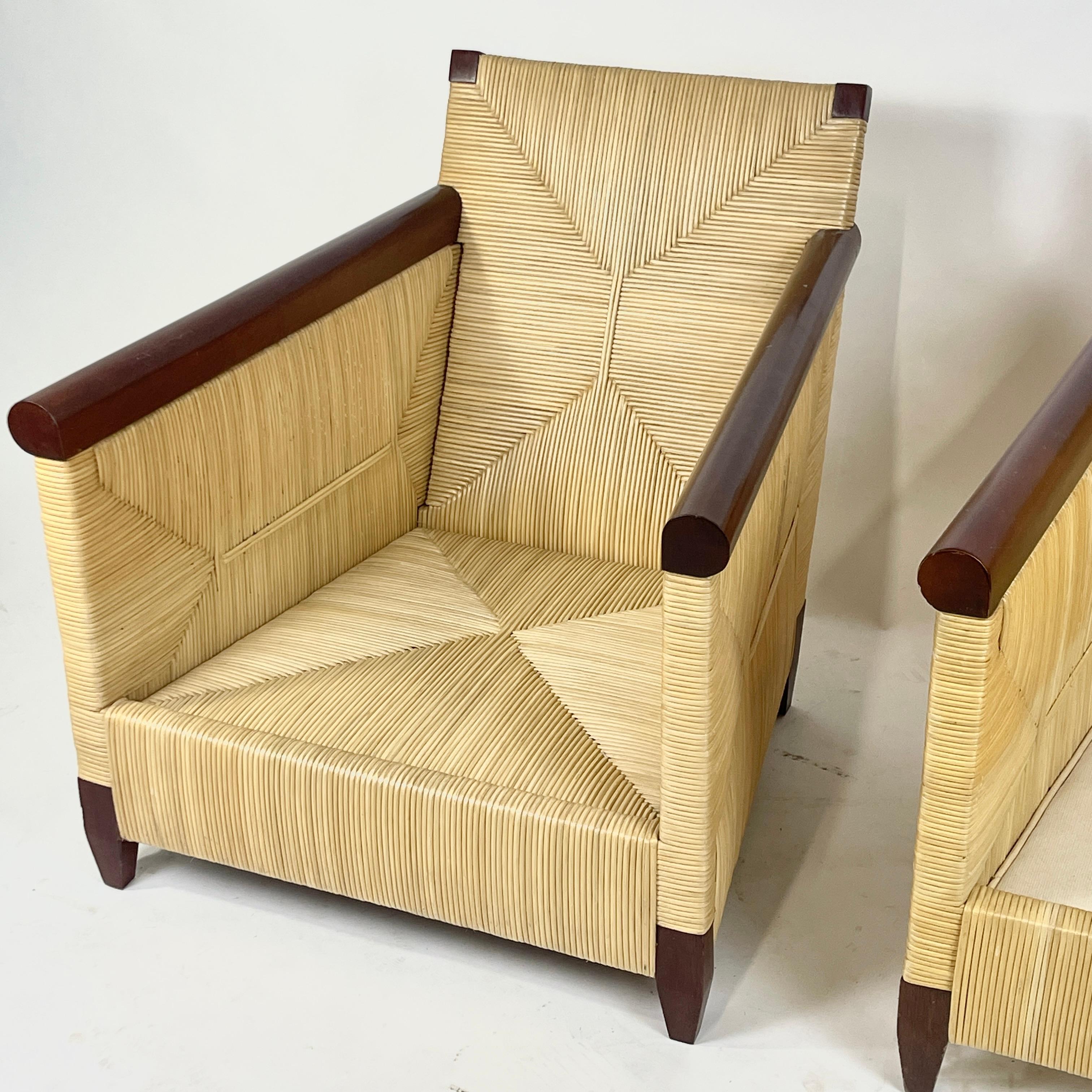 Pair John Hutton for Donghia Coastal Merbau Woven Rush & Mahogany Chairs  Porch 3