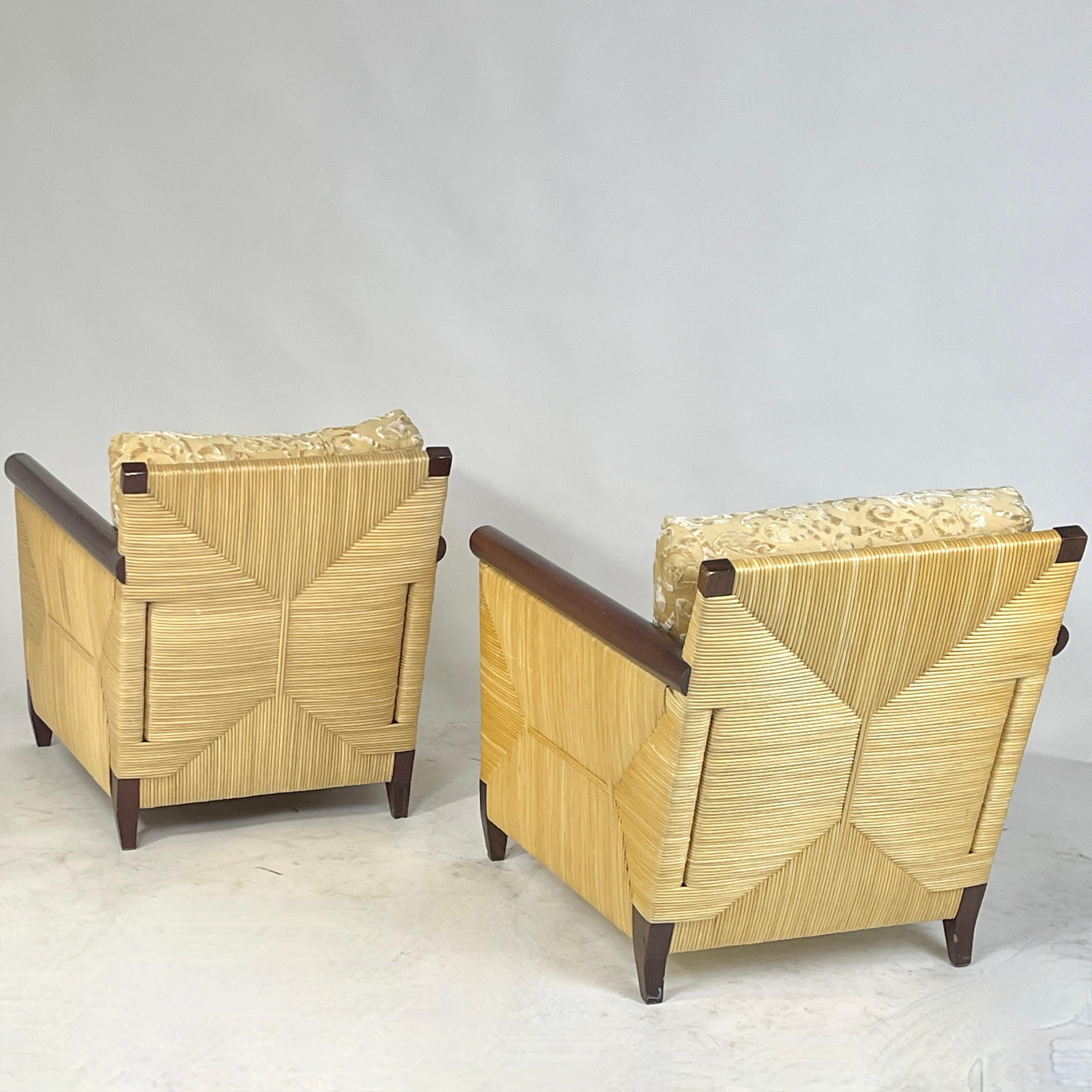 Pair John Hutton for Donghia Coastal Merbau Woven Rush & Mahogany Chairs  Porch 10