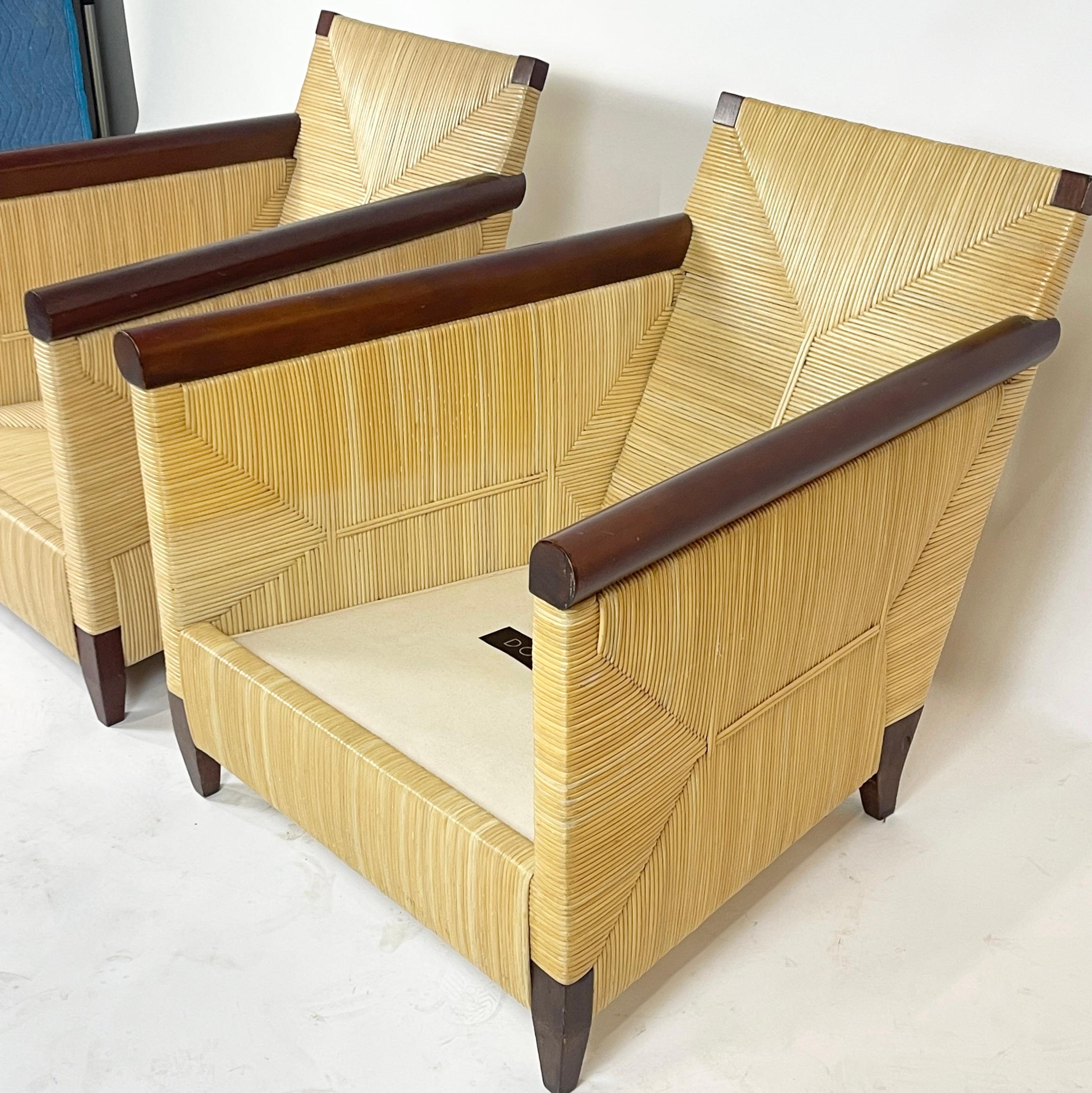 Organic Modern Pair John Hutton for Donghia Coastal Merbau Woven Rush & Mahogany Chairs  Porch