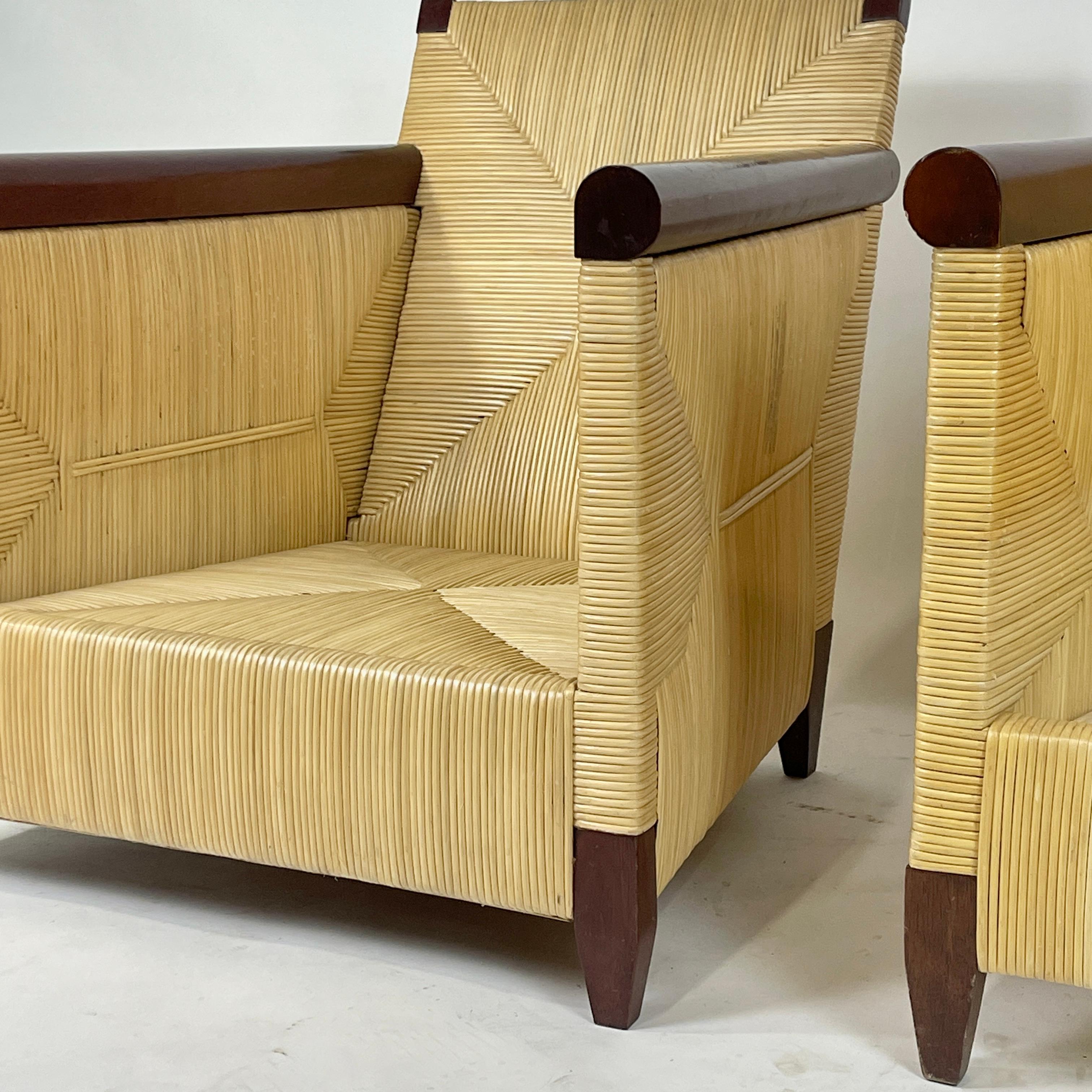 Upholstery Pair John Hutton for Donghia Coastal Merbau Woven Rush & Mahogany Chairs  Porch