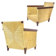 Pair John Hutton for Donghia Coastal Merbau Woven Rush & Mahogany Chairs  Porch