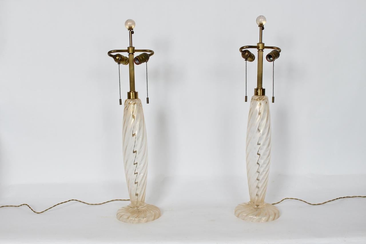 Italian Pair John Hutton for Donghia Ondoso Clear with Gold Venini Glass Table Lamps  For Sale
