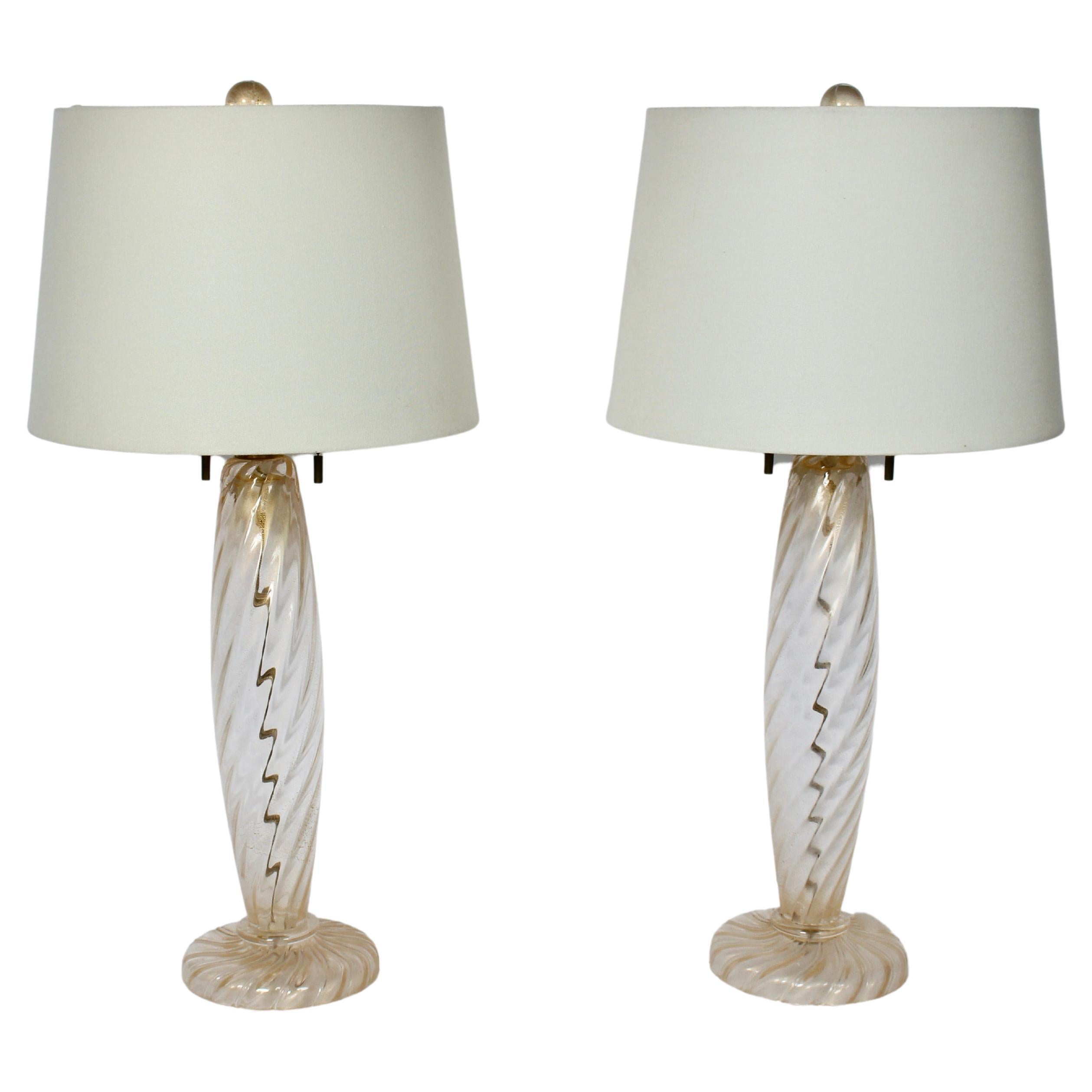 Paar John Hutton für Donghia Ondoso Klar-Tischlampen aus Venini-Glas mit Goldverzierung 