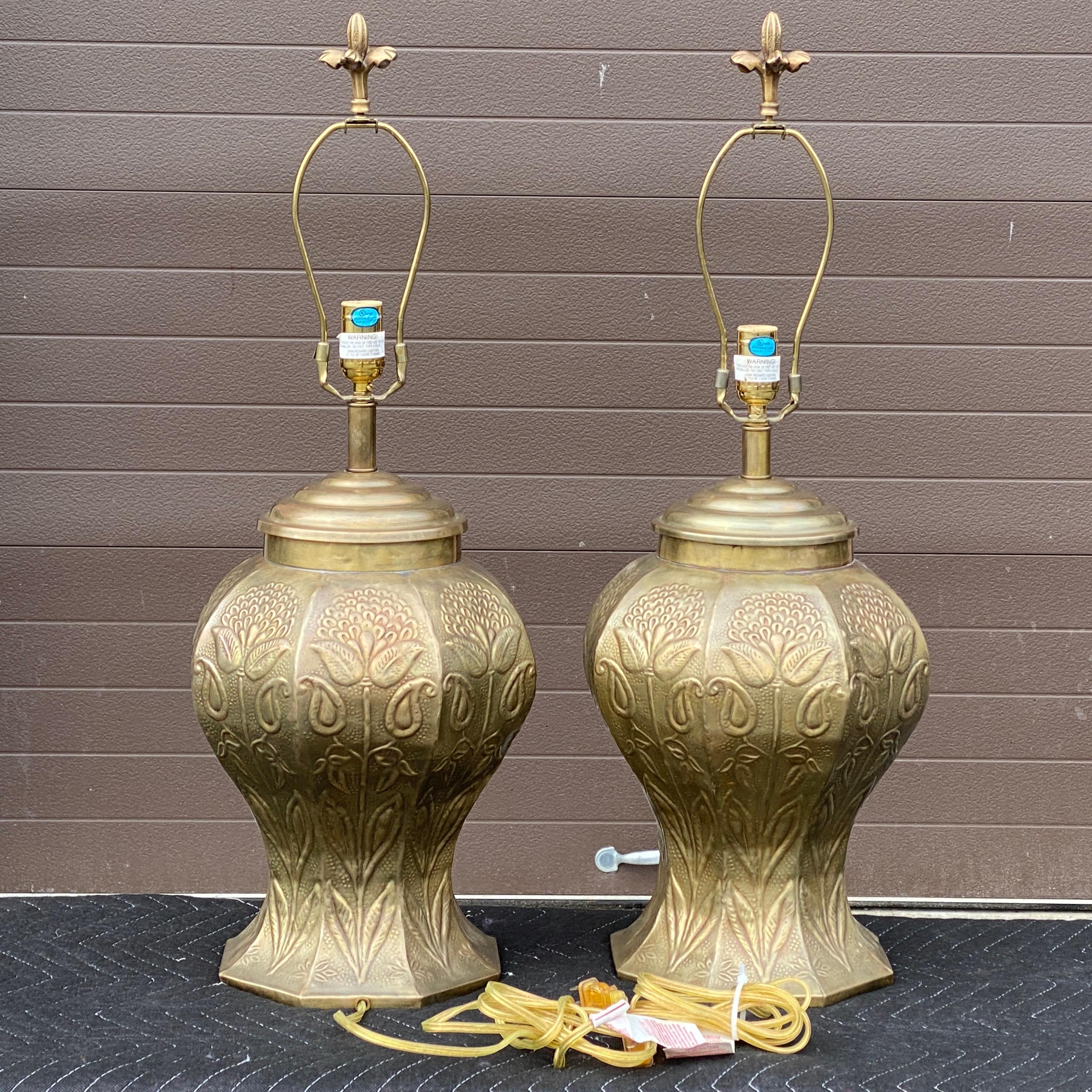 20th Century Pair John Richard Hammered Brass Table Lamps With Floral Finials For Sale