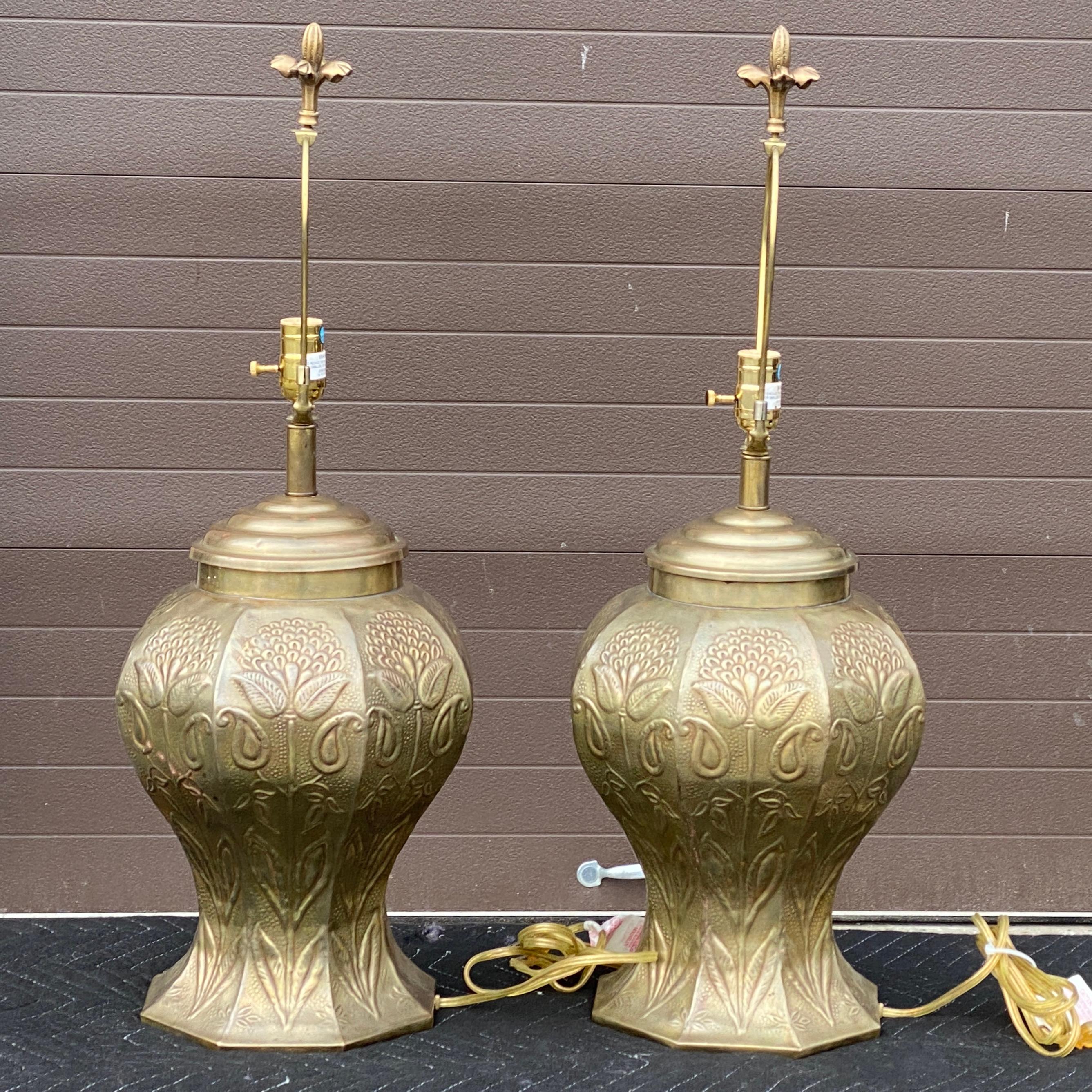 Pair John Richard Hammered Brass Table Lamps With Floral Finials For Sale 1