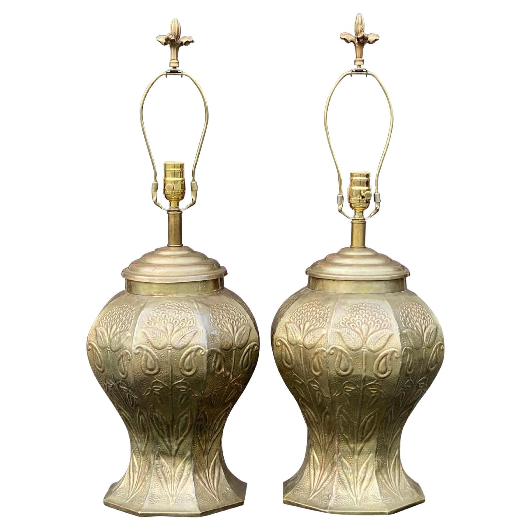 Pair John Richard Hammered Brass Table Lamps With Floral Finials For Sale