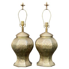Vintage Pair John Richard Hammered Brass Table Lamps With Floral Finials