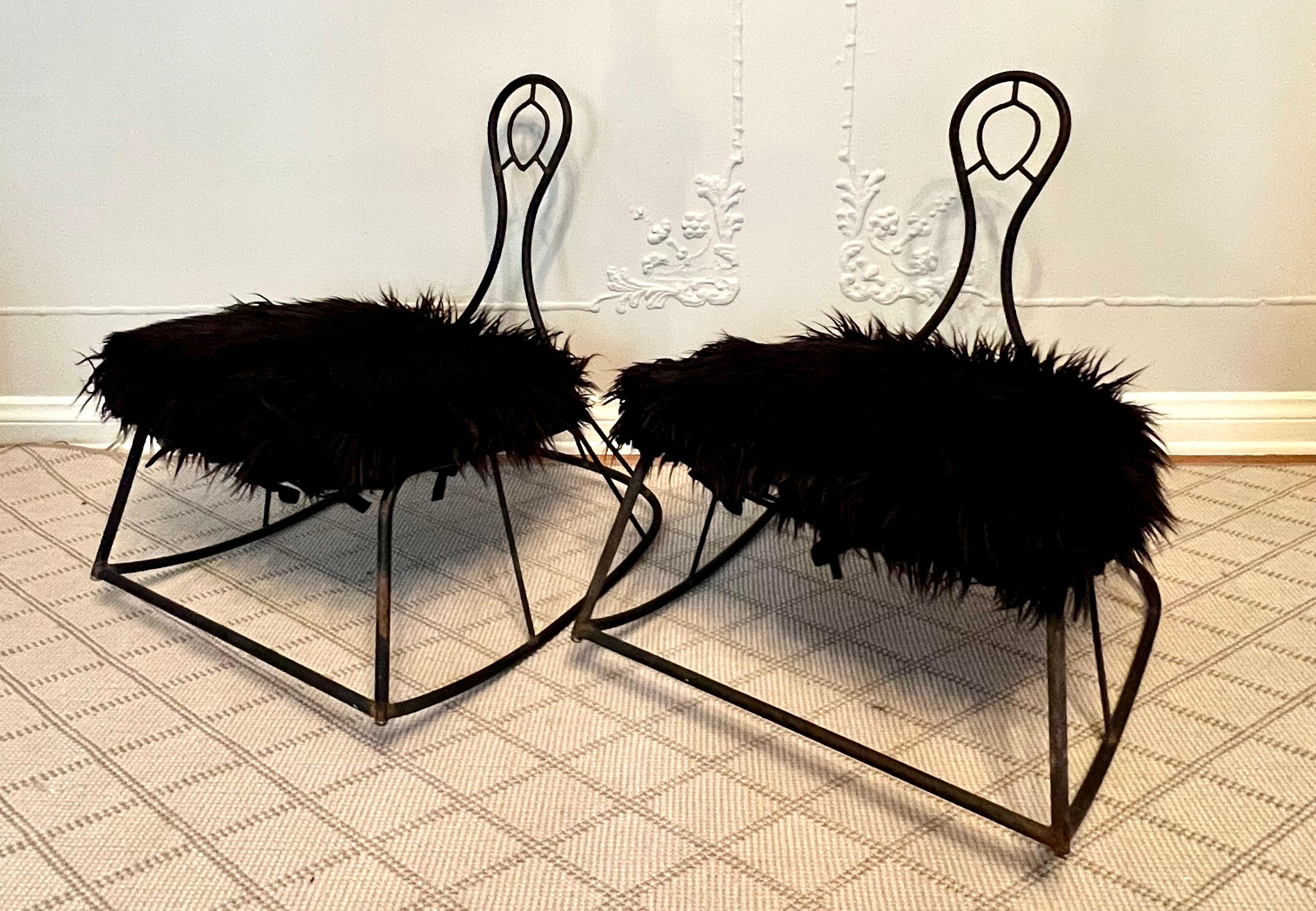  Pair John Risley Metal Rocking Chairs with Mongolian Fur Cushion For Sale 5