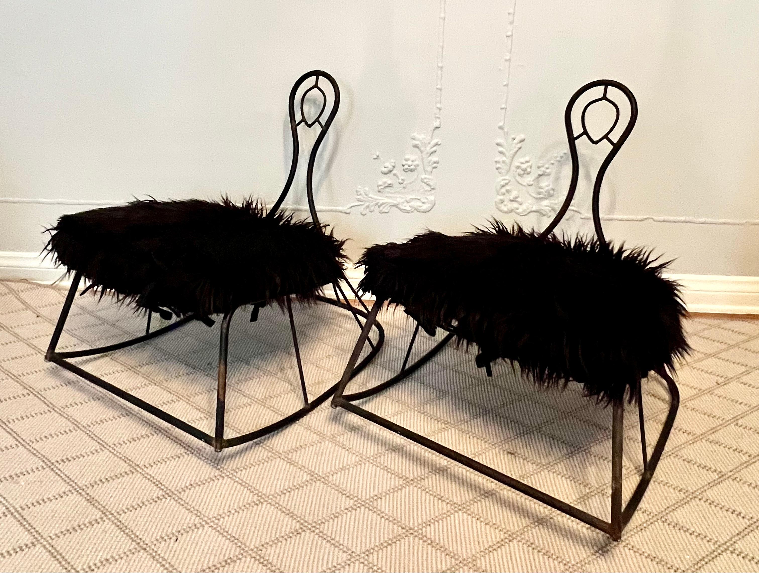  Pair John Risley Metal Rocking Chairs with Mongolian Fur Cushion In Good Condition For Sale In Los Angeles, CA