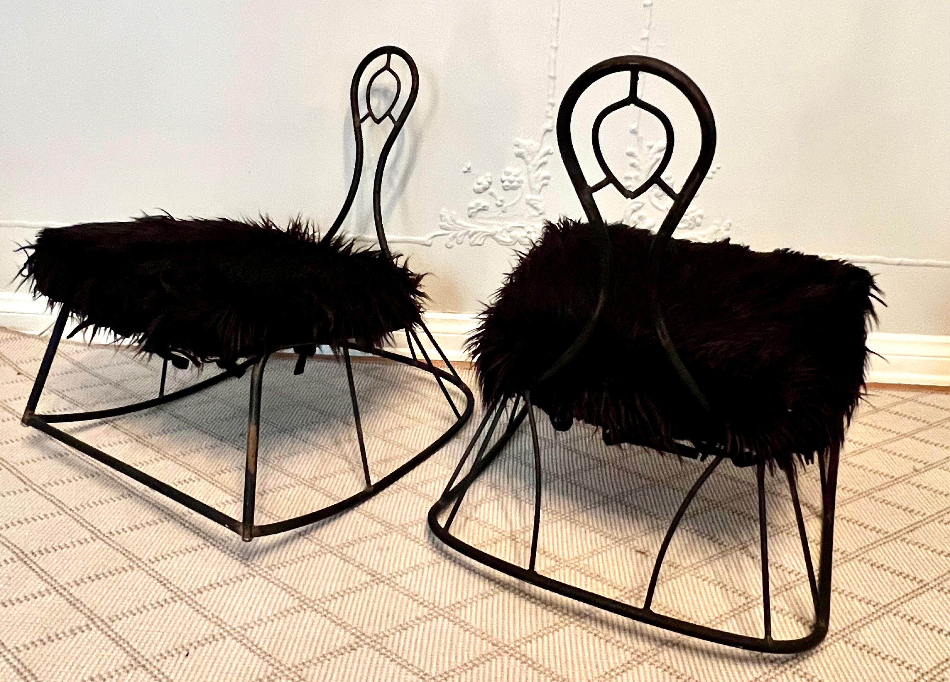 20th Century  Pair John Risley Metal Rocking Chairs with Mongolian Fur Cushion For Sale