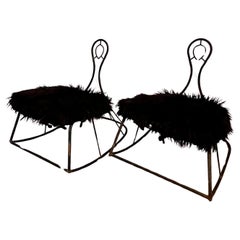 Vintage  Pair John Risley Metal Rocking Chairs with Mongolian Fur Cushion