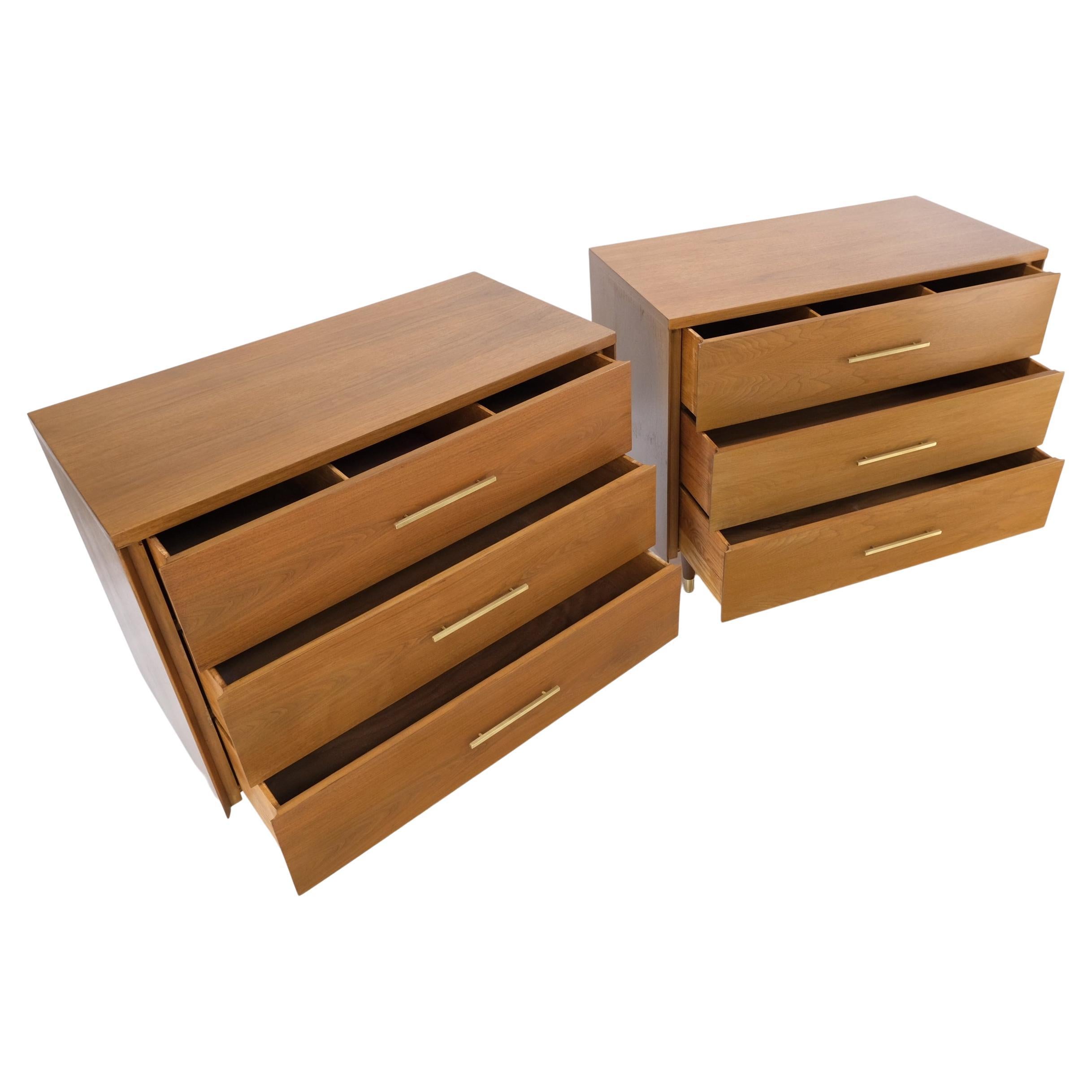 Pair John Stuart refinished 3 drawer bachelor chests dressers w/ long brass pulls.