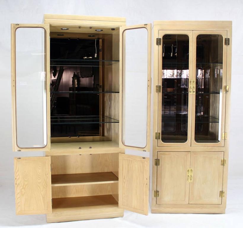 Pair John Stuart White Wash Beveled Glass MidCentury Modern Tall Display Cabinet For Sale 1