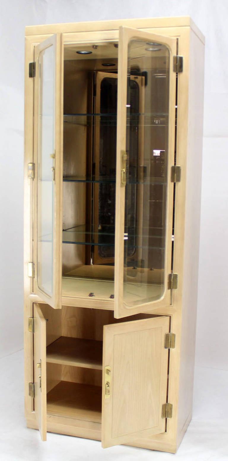 Brass Pair John Stuart White Wash Beveled Glass MidCentury Modern Tall Display Cabinet For Sale
