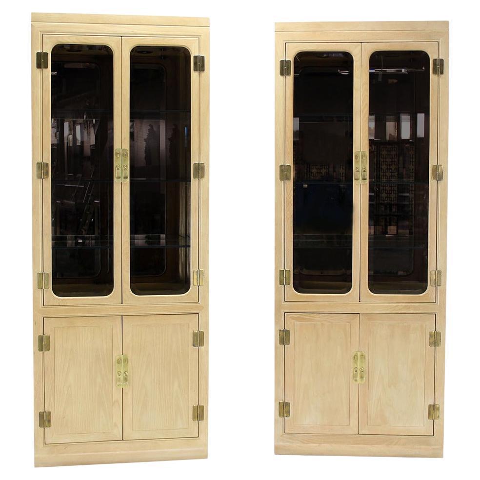 Pair John Stuart White Wash Beveled Glass MidCentury Modern Tall Display Cabinet For Sale