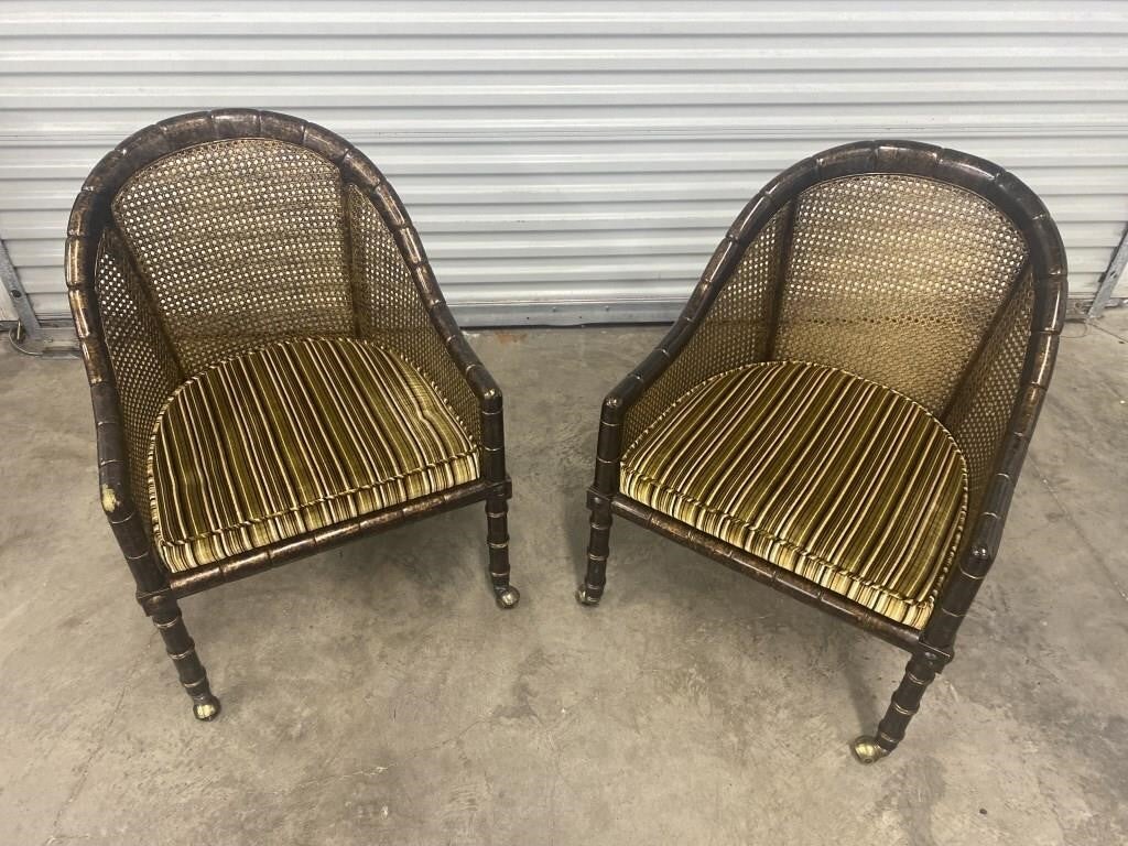John Widdicomb cane faux bamboo barrel chairs 

Pair of cane, faux bamboo and tortoise finish barrel back lounge chairs by Widdicomb, Some wear to tortoise finish on arms. See game table also available.

 