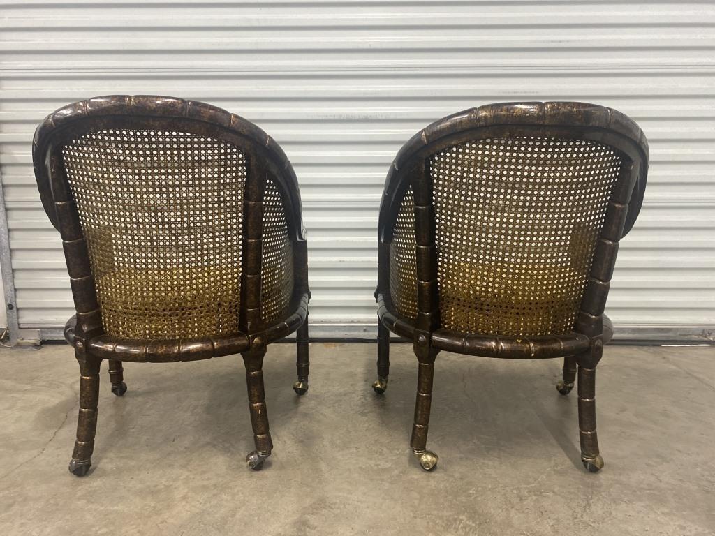 Mid-Century Modern Pair John Widdicomb Cane Faux Bamboo Barrel Chairs For Sale