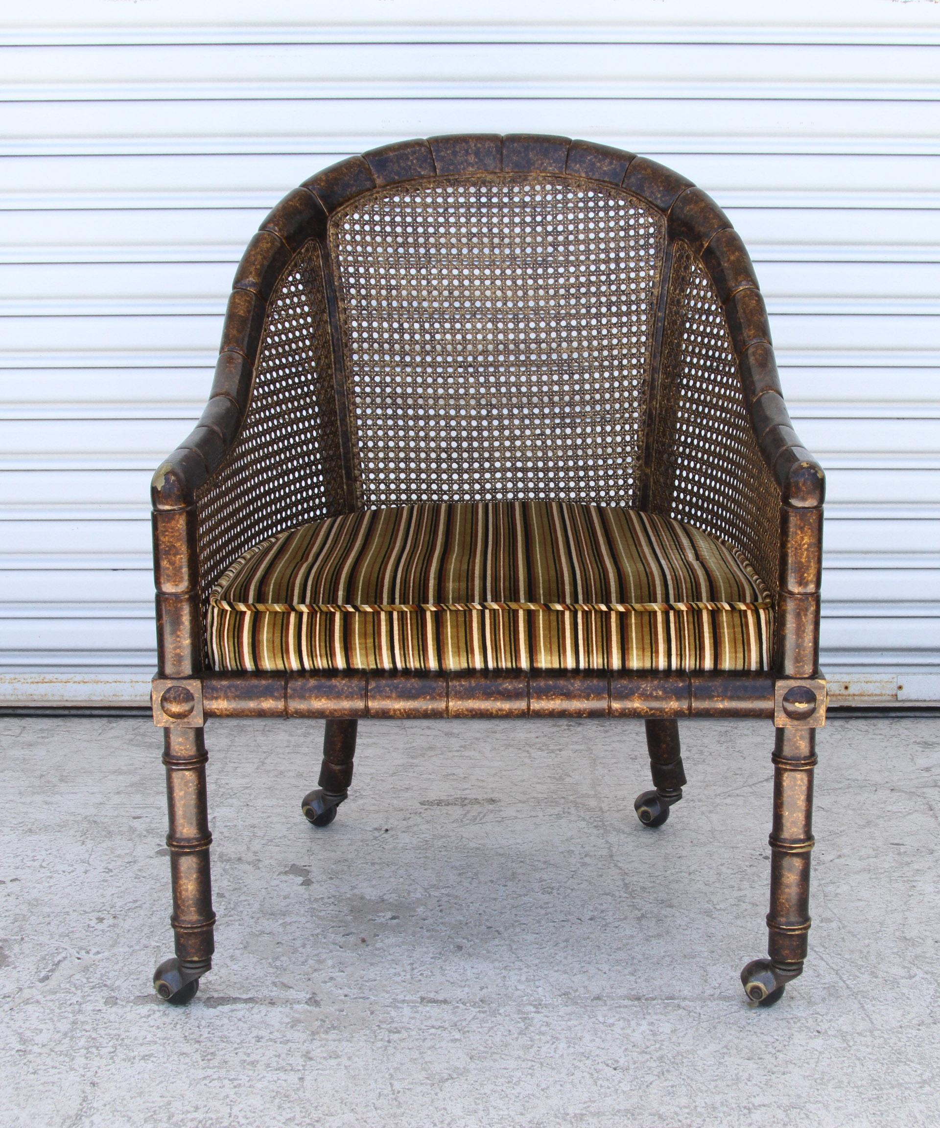 Brass Pair John Widdicomb Cane Faux Bamboo Barrel Chairs For Sale