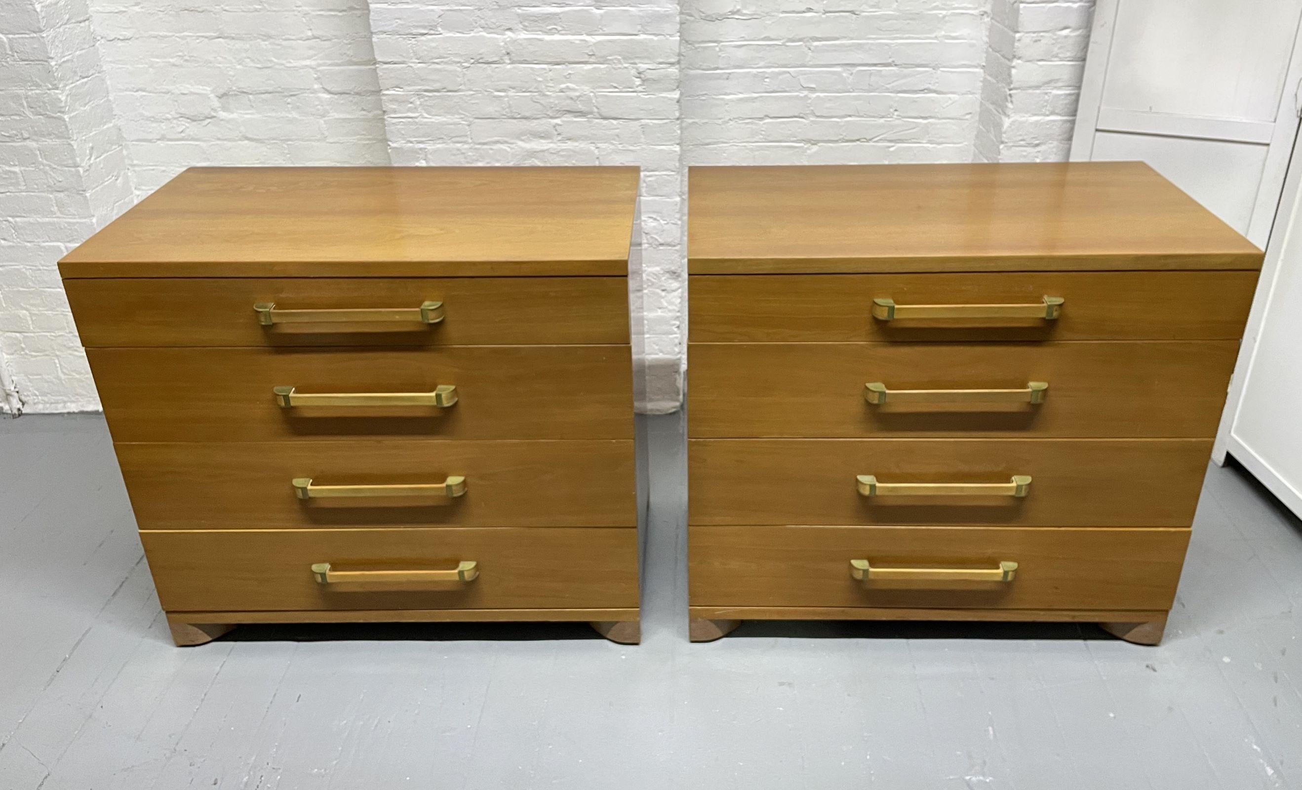Pair John Widdicomb Walnut and Brass Chests.  The chests are walnut with four pull-out drawers.  The handles have brass trim.  Well made and sturdy.