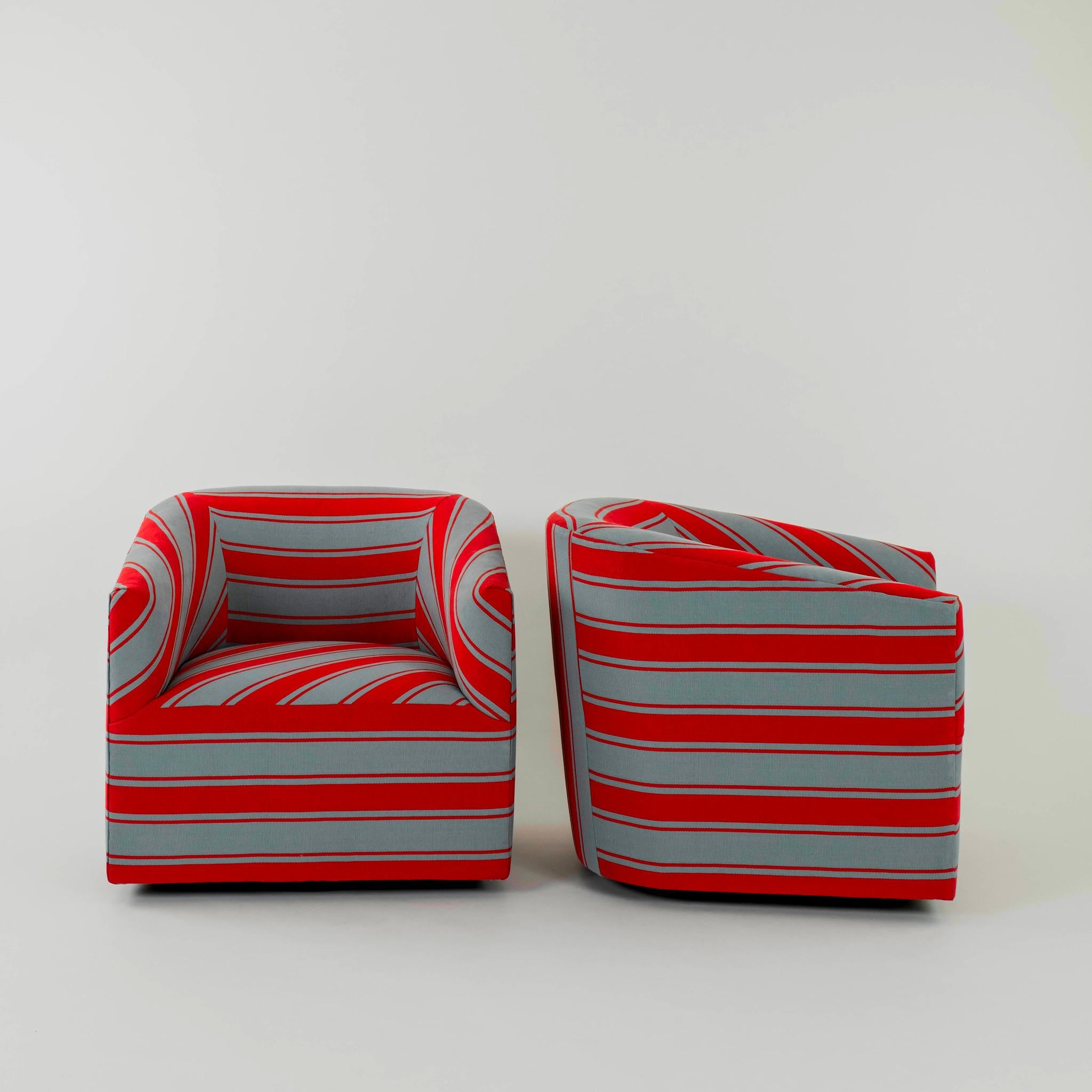 Modern Pair Johnson Hartig Libertine Tangier Stripe Swivel Club Chairs