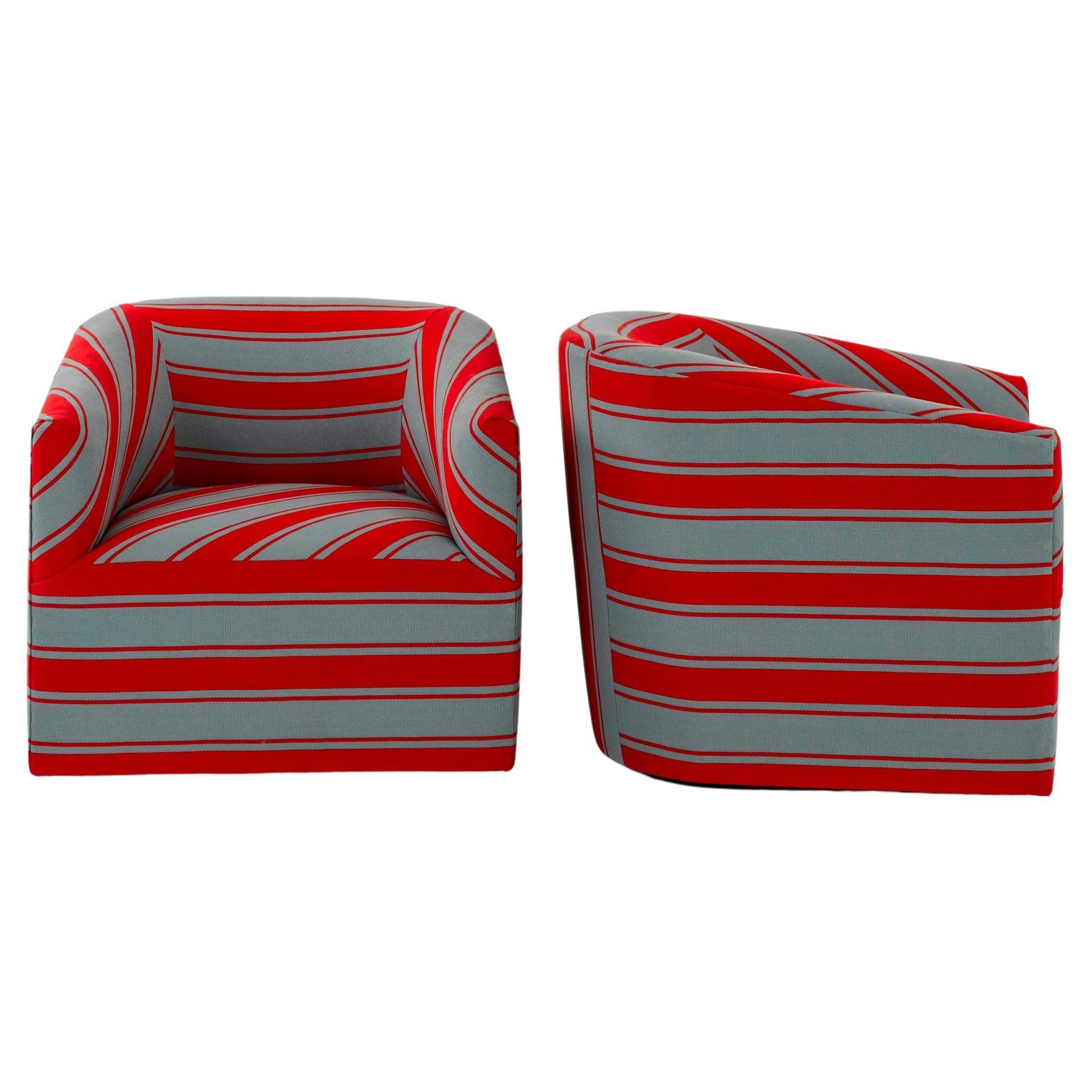Pair Johnson Hartig Libertine Tangier Stripe Swivel Club Chairs