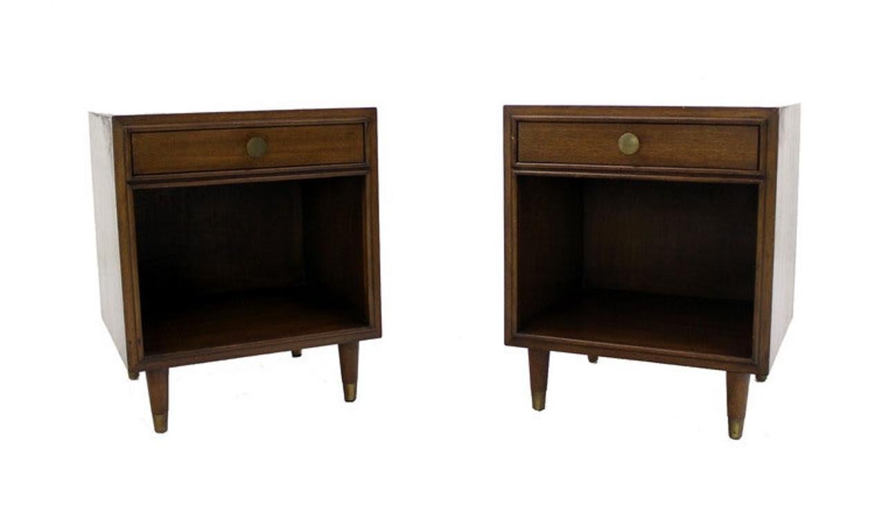 Brass Pair Johnson One Drawer Espresso Mid Century Modern Walnut Night Stand End Table For Sale