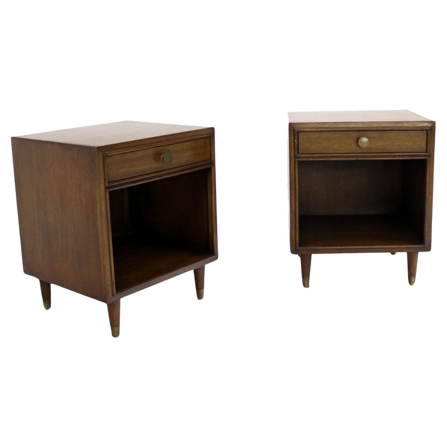Pair Johnson One Drawer Espresso Mid Century Modern Walnut Night Stand End Table For Sale