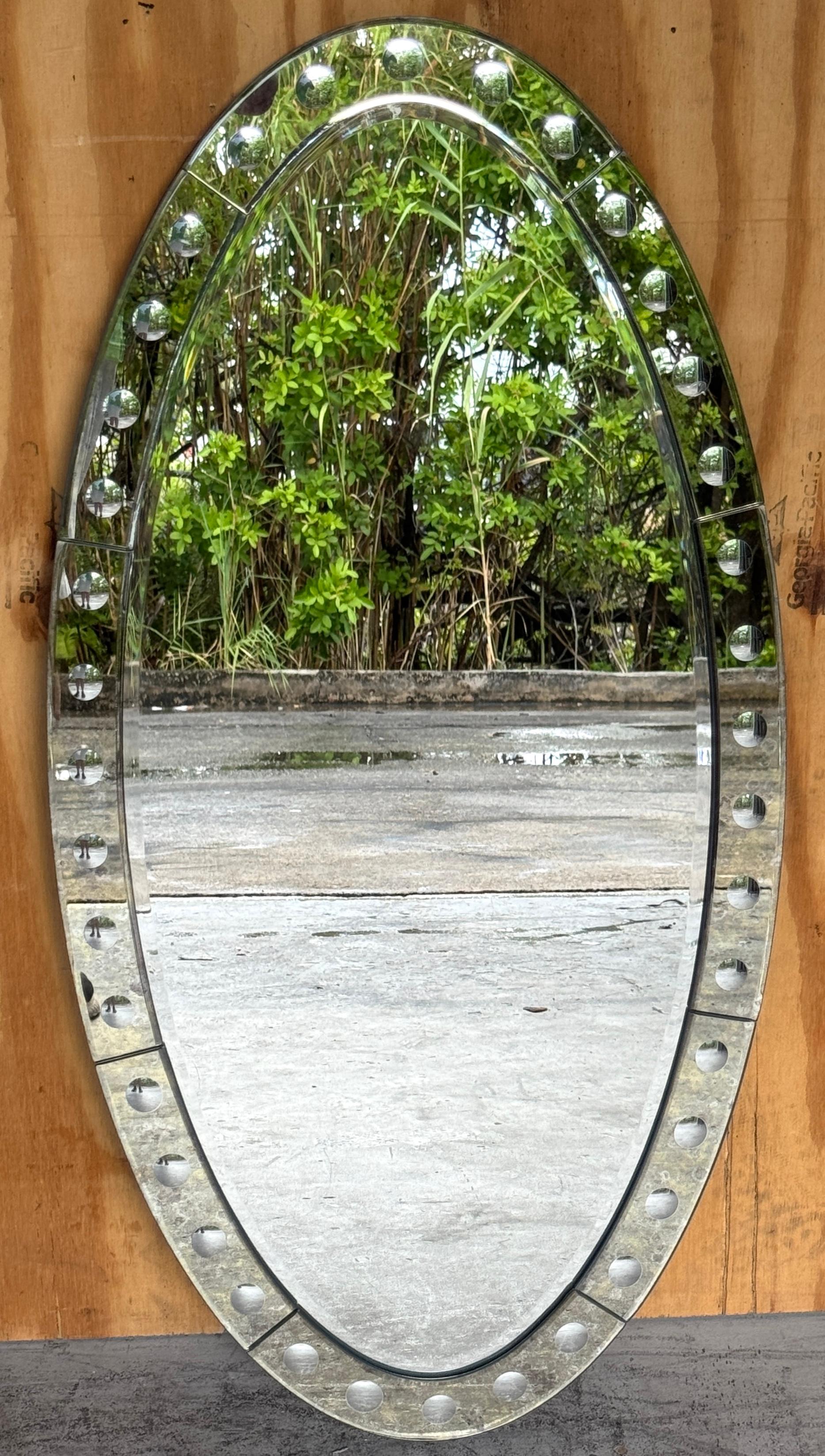 Modern Pair Jonathan Adler Venetian Style Optic Convex Etched and Beveled Oval Mirrors* For Sale