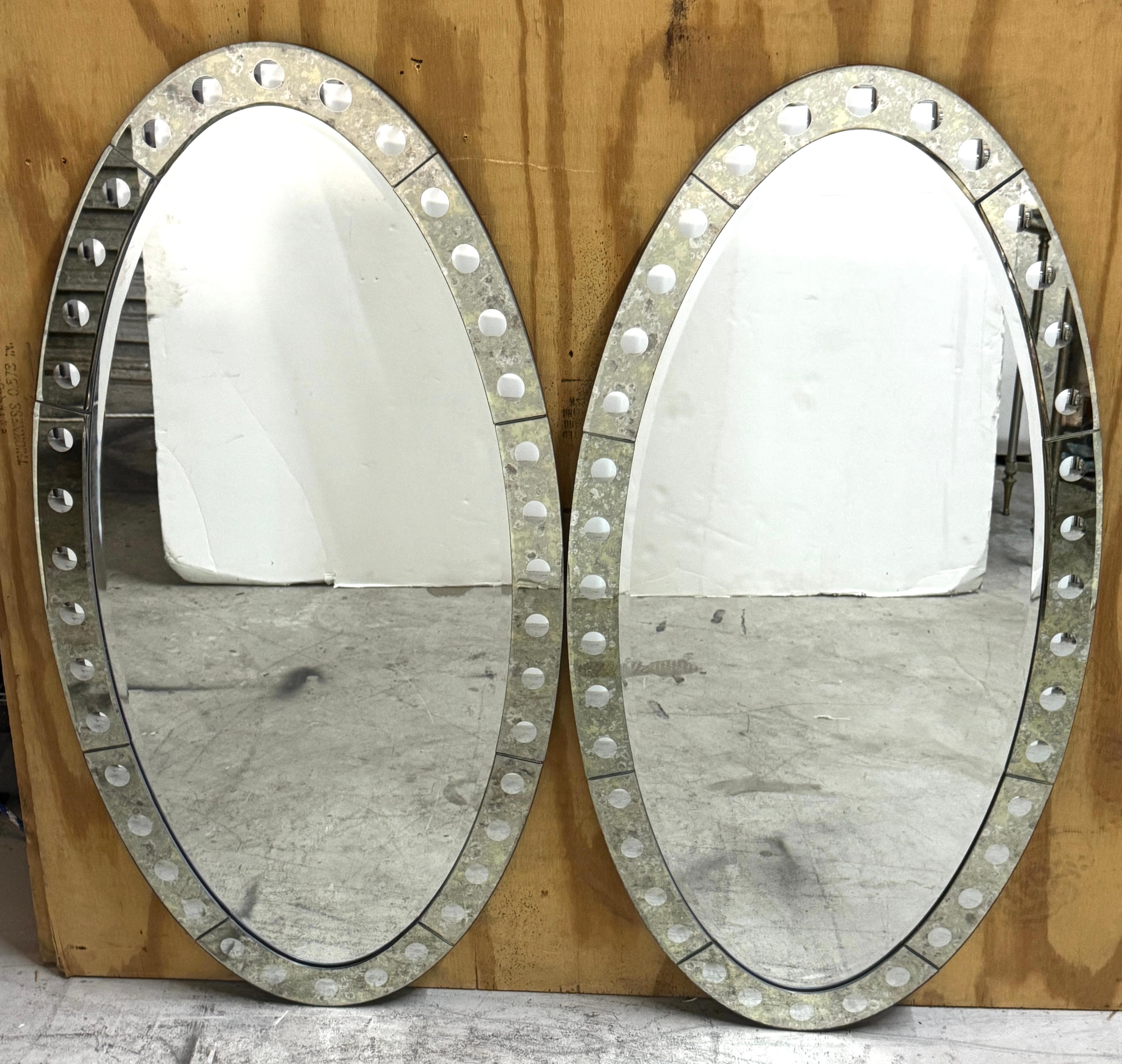 Contemporary Pair Jonathan Adler Venetian Style Optic Convex Etched and Beveled Oval Mirrors* For Sale