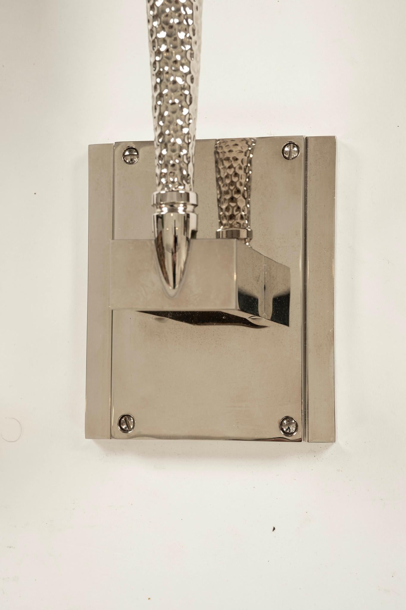Pair Jonathan Browning Hammered Nickel Brass Torch Sconces In Good Condition For Sale In Houston, TX