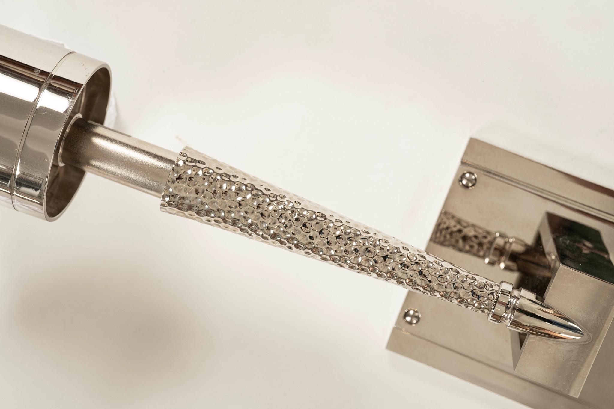 Contemporary Pair Jonathan Browning Hammered Nickel Brass Torch Sconces For Sale