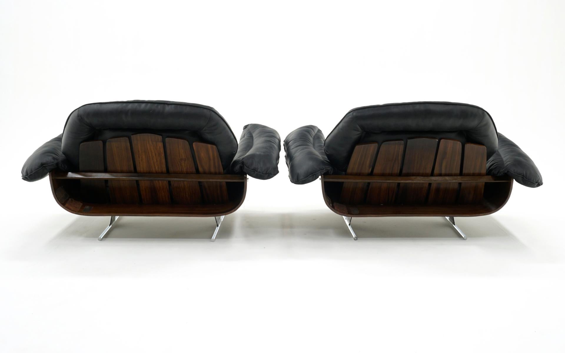 Steel Pair Jorge Zalszupin lounge Chairs in Black Leather and Brazilian Rosewood  For Sale