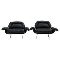 Paire de chaises de salon Jorge Zalszupin en cuir noir et bois de rose brésilien