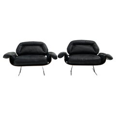 Pair Jorge Zalszupin lounge Chairs in Black Leather and Brazilian Rosewood 