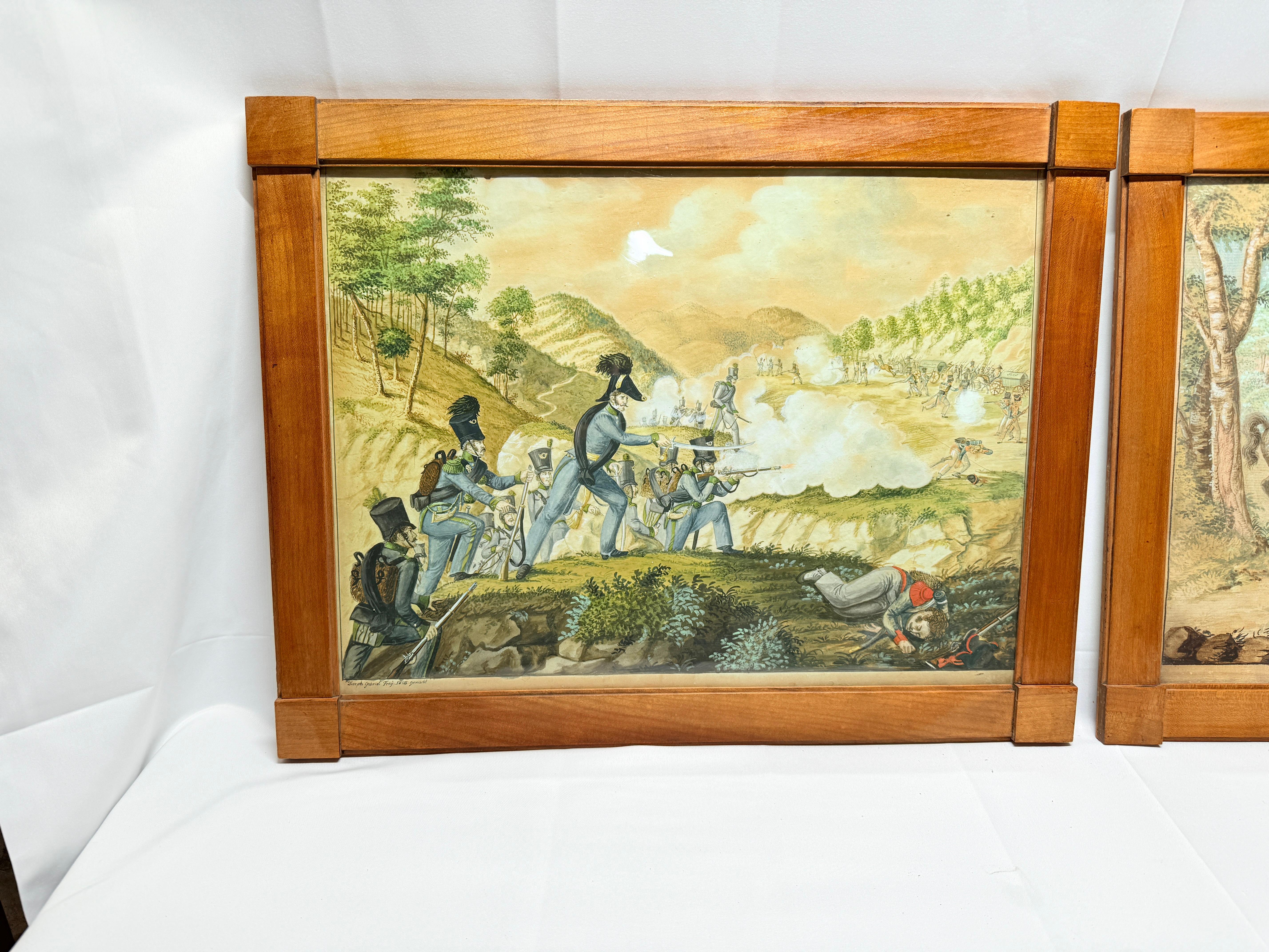 Cette remarquable paire de gouaches sur papier de Josef Gabriel Frey (1791-1884) capture de manière saisissante des moments cruciaux de la Révolution française. Exécutées vers 1825-1826, les peintures sont rendues avec des détails méticuleux et des
