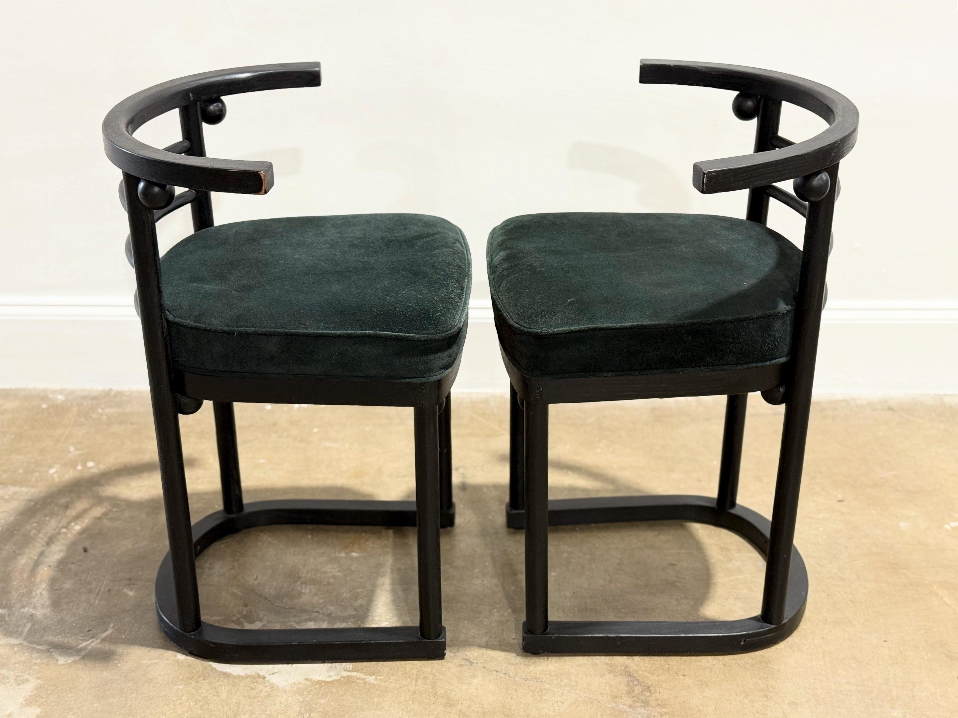 PAIR Josef Hoffman Fledermaus Chairs - Cafe Dining Chairs - Forest Green Suede In Good Condition In Decatur, GA