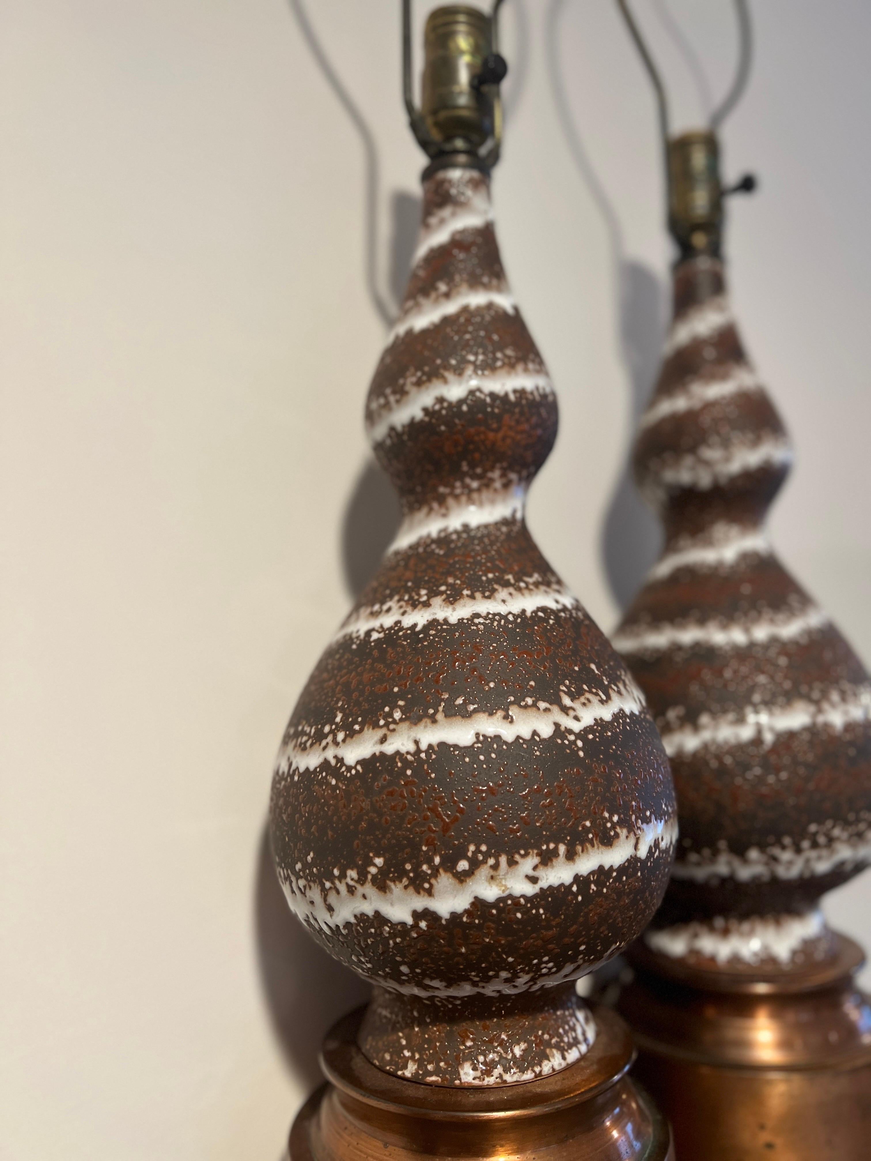 Mid-Century Modern Pair, Joseph Francis Von Tury French Volcanic Glaze Pottery Lamps C. 1960s For Sale
