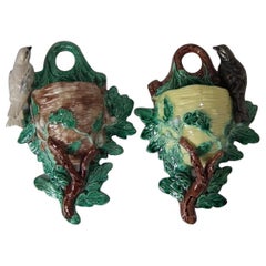 Pair of JRL Majolica Bird and Nest Wall Pockets