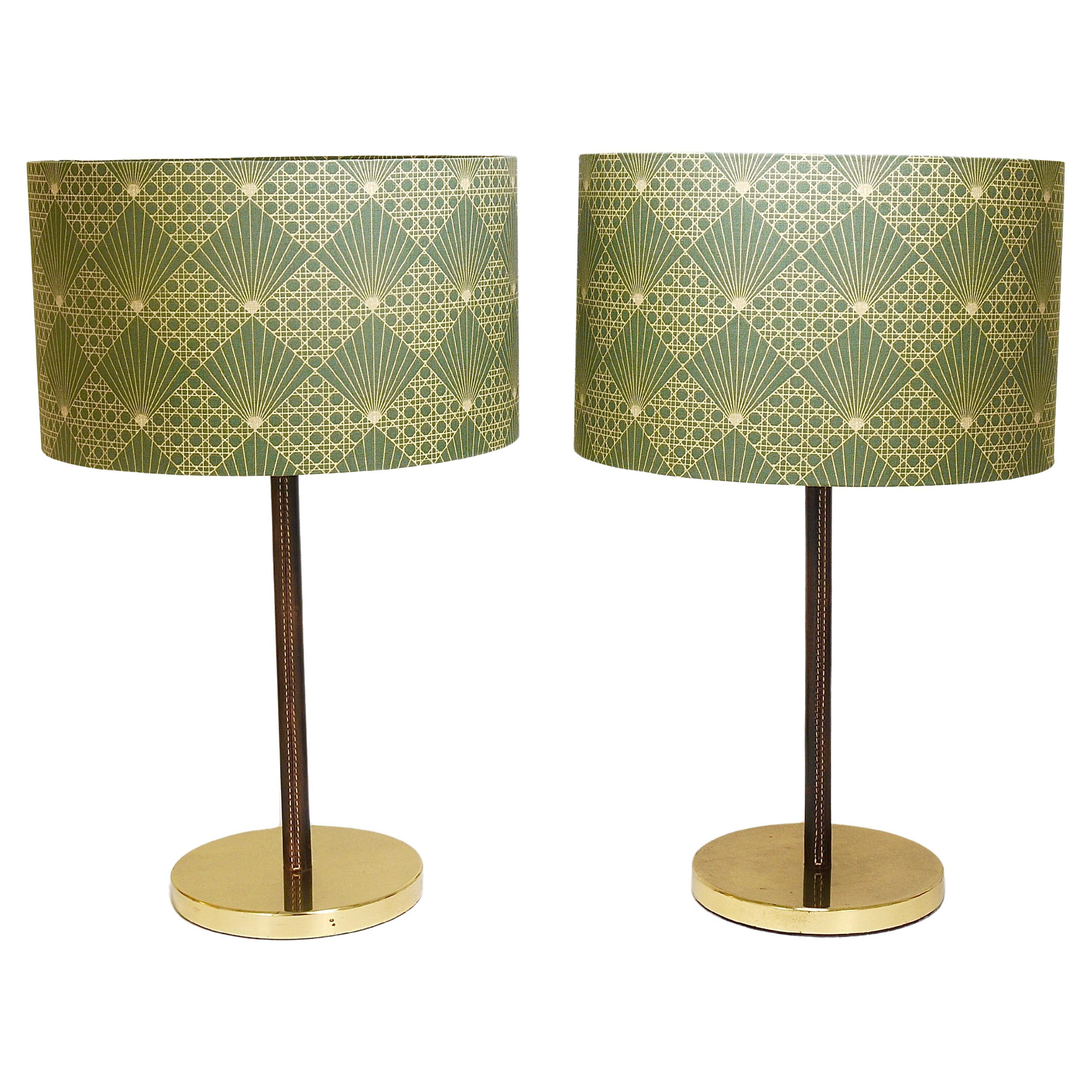 Pair J.T. Kalmar Brass & Leather Mid-Century Table or Side Lamps, Austria, 1960s