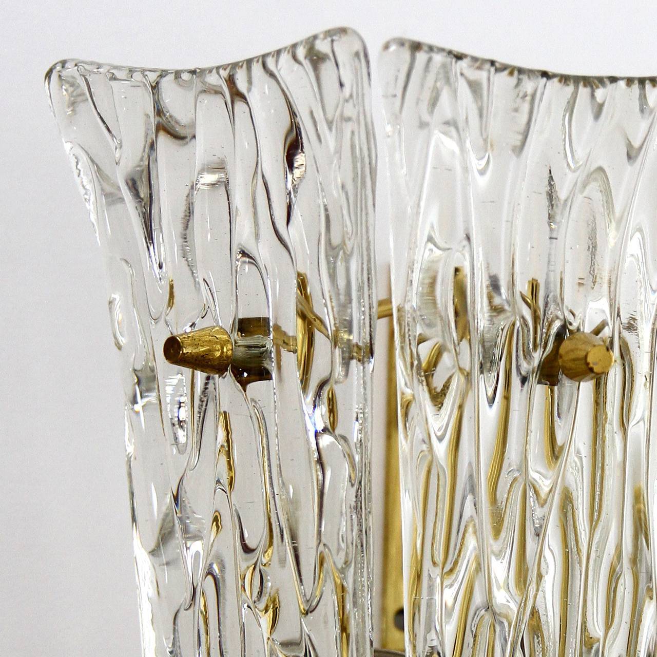 Pair of J.T. Kalmar Sconces Wall Lights, Brass Textured Glass, 1960 For Sale 2