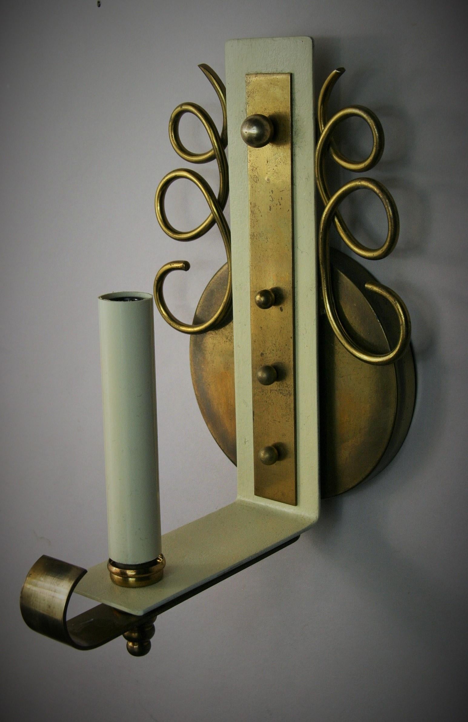 French Pair of Jules Leleu Brass Sconces In Good Condition For Sale In Douglas Manor, NY