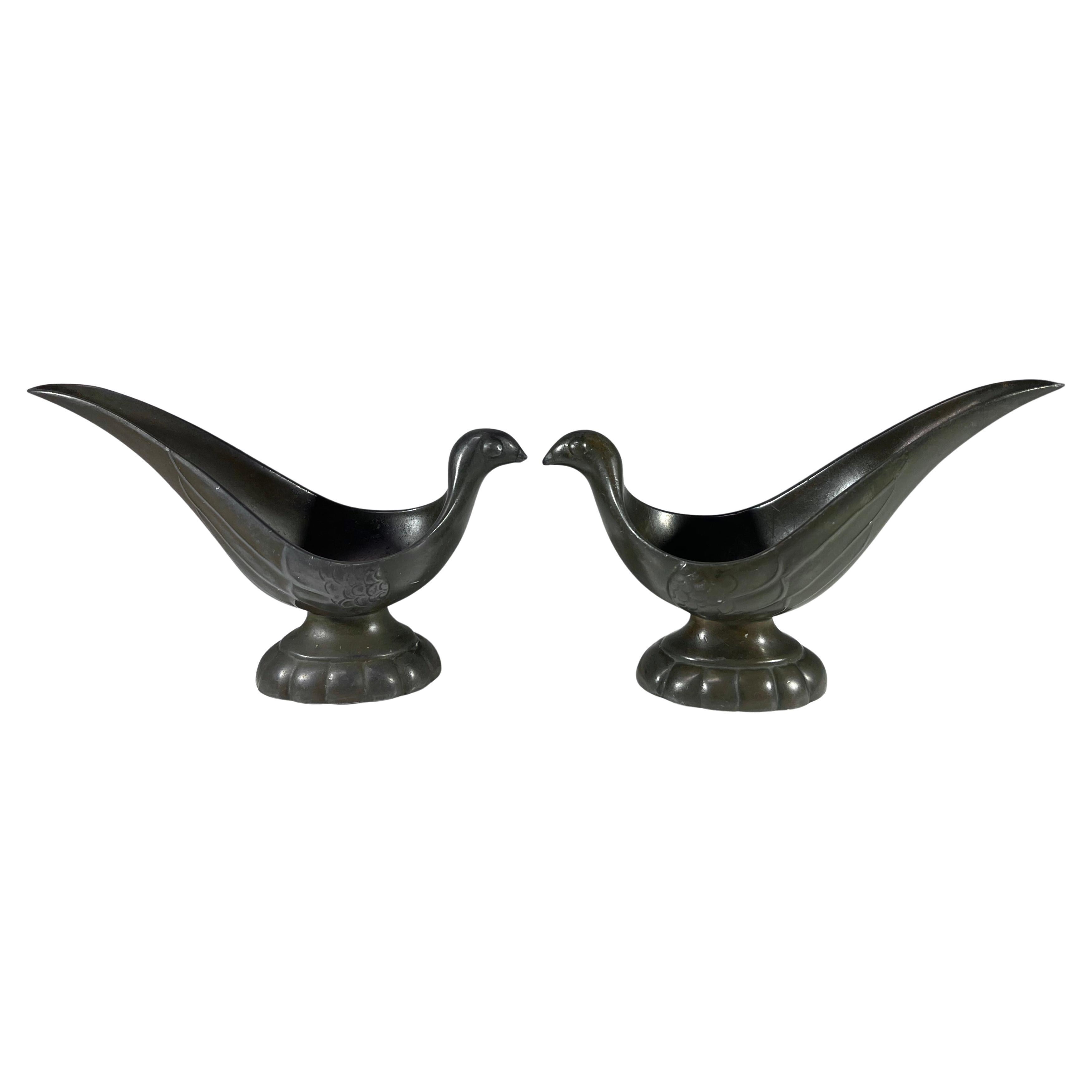 Pair Just Andersen, Denmark 1930s Art Deco Disko Metal Stylised Bird Pipe Rests