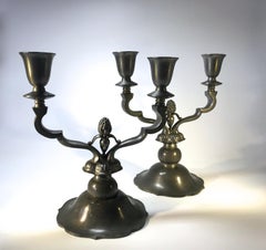 Pair Just Andersen Denmark 1930s Scandinavian Pewter Stylised Candelabra #MT307