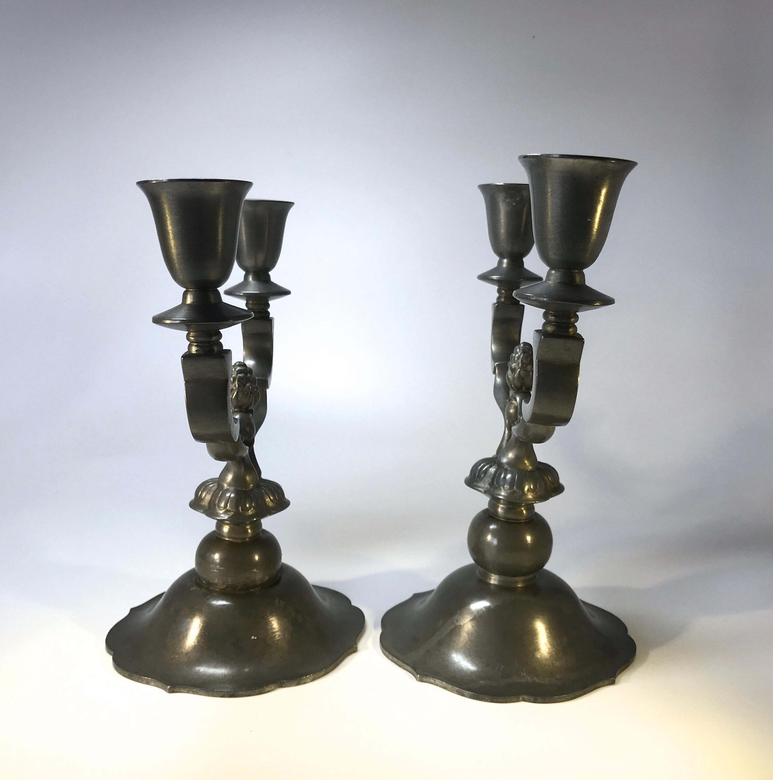 Pair Just Andersen Denmark 1930s Scandinavian Pewter Stylised Candelabra #MT307 In Good Condition For Sale In Rothley, Leicestershire