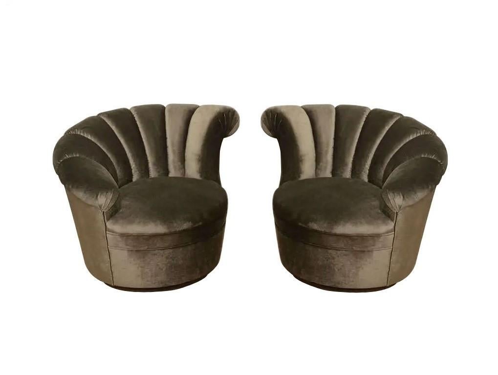 Mid-Century Modern Pair Kagan Style Channel Back Nautilus Swivel Chairs For Sale