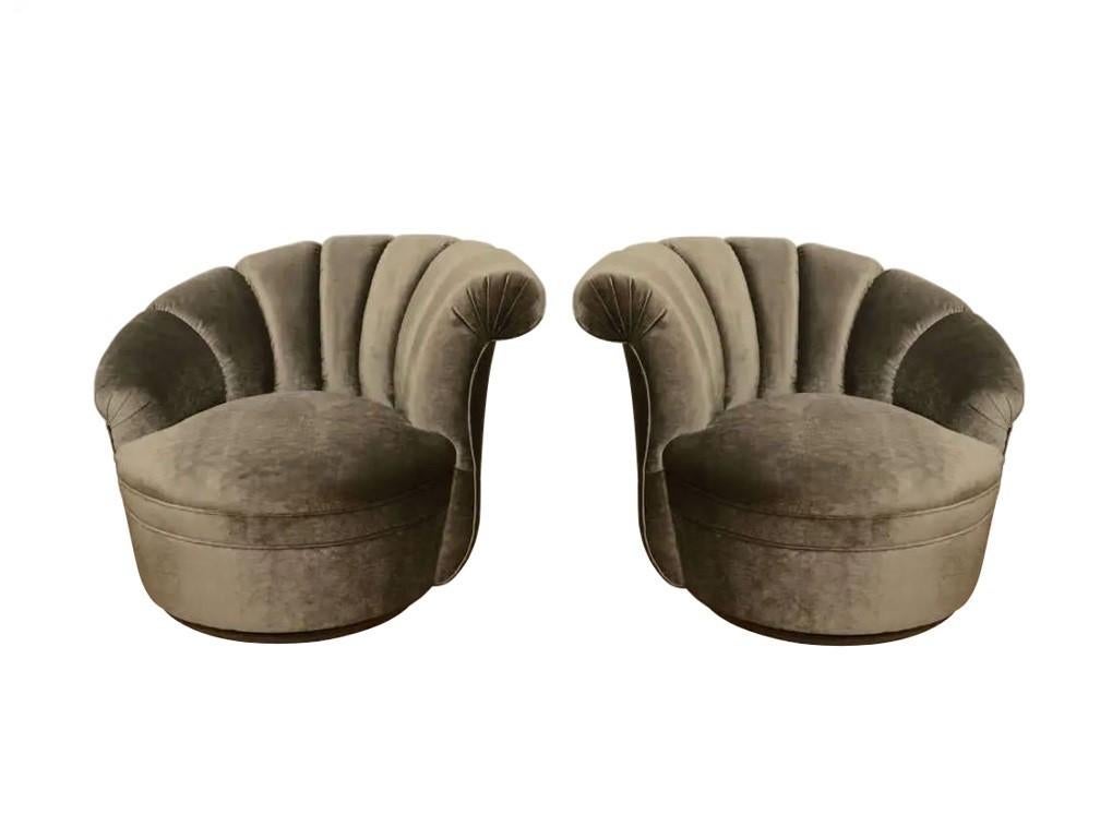Pair Kagan Style Channel Back Nautilus Swivel Chairs In Excellent Condition For Sale In Dallas, TX