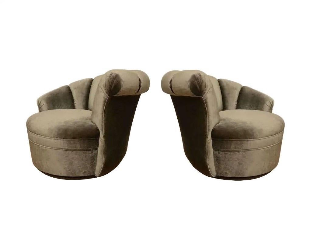 Velvet Pair Kagan Style Channel Back Nautilus Swivel Chairs For Sale